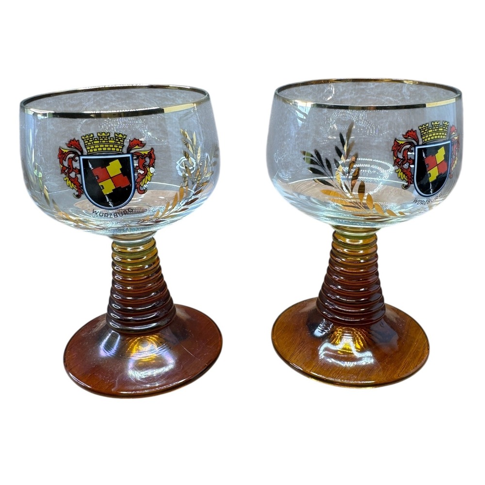 Würzburg Germany Crested Romer Wine Glasses Amber Brown Ribbed Stemware set of 2